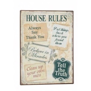 Metal skilt med House Rules 26x35cm